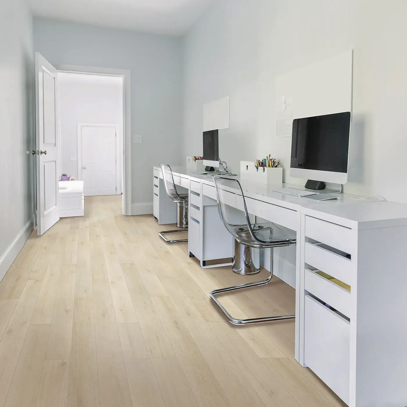 33592_02_room Mohawk Laminate in a medium brown wood tone in a home office | McCool's Flooring