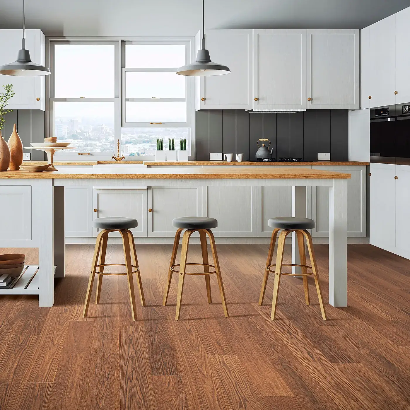 33612_03_room Mohawk Laminate in a rich reddish-brown wood color in a kitchen | McCool's Flooring