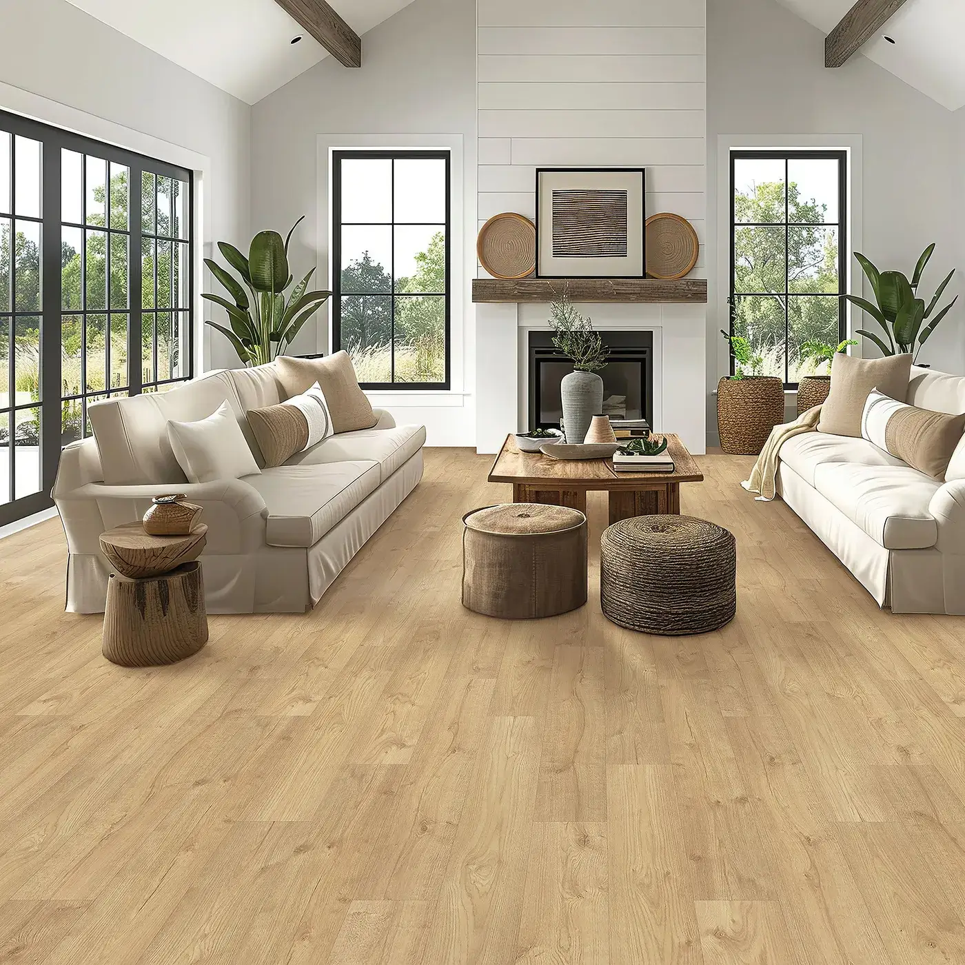 33626_142_room Mohawk Laminate in a light natural wood color in a living room with two white sofas | McCool's Flooring