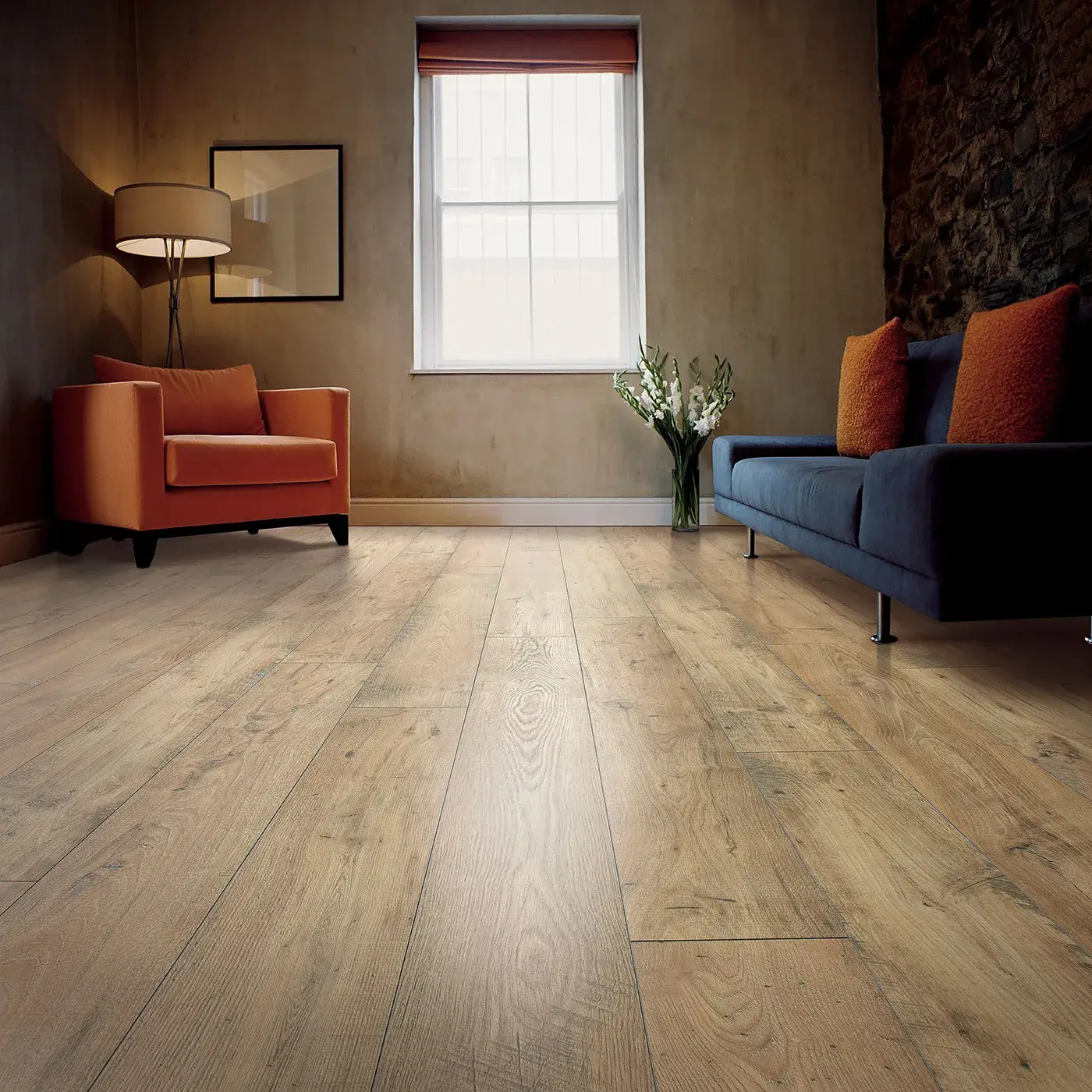 33633_01w_room Mohawk Laminate in a warm light brown wood tone in a living room | McCool's Flooring