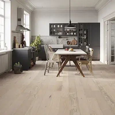 CoutureOak-SW689-01112-Macaroon-RM Shaw Floors light white-washed hardwood in a kitchen | McCool's Flooring