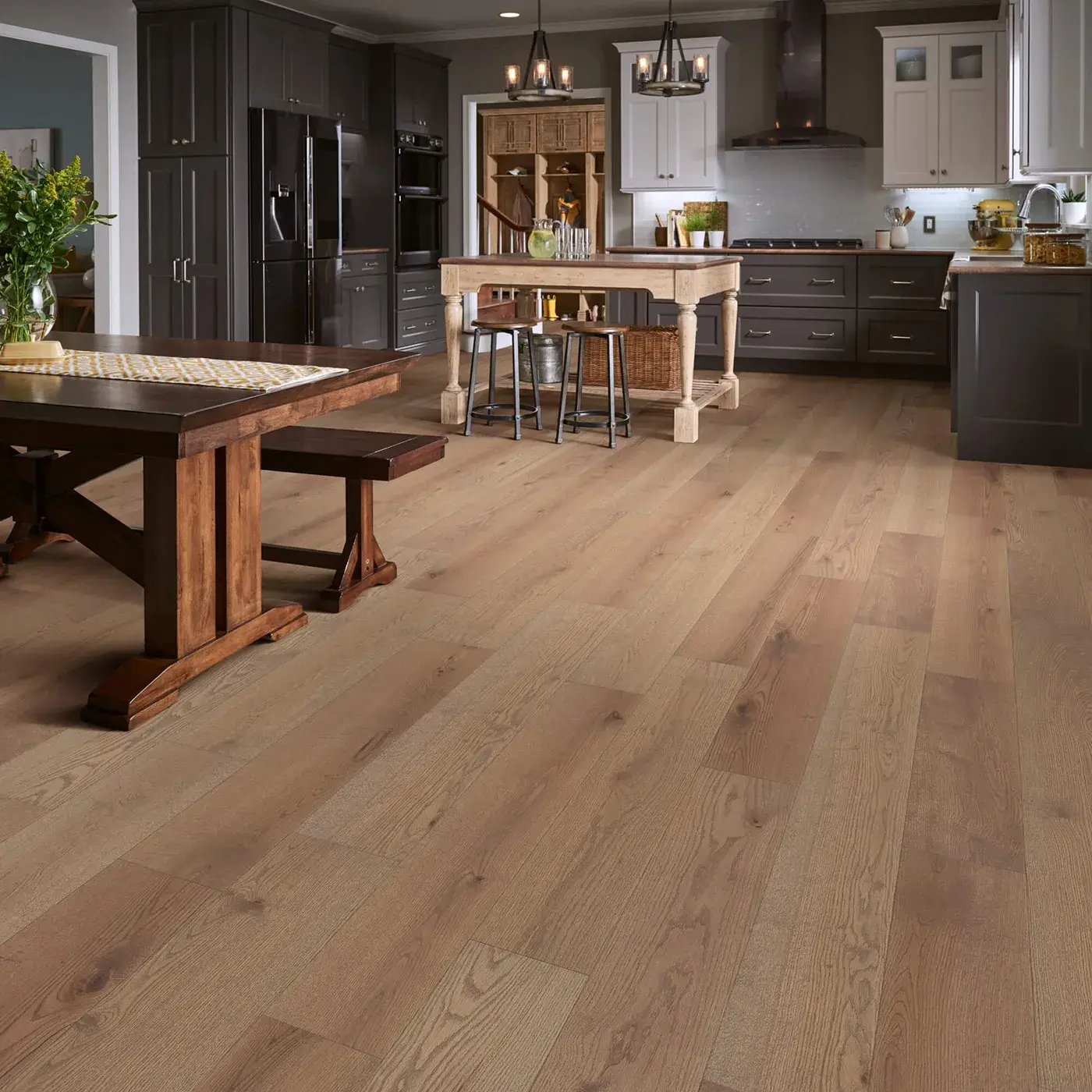 LandmarkSlicedOak-SW747-05099-GreatBasin-RM Shaw Floors hardwood in a light brown color in a kitchen | McCool's Flooring