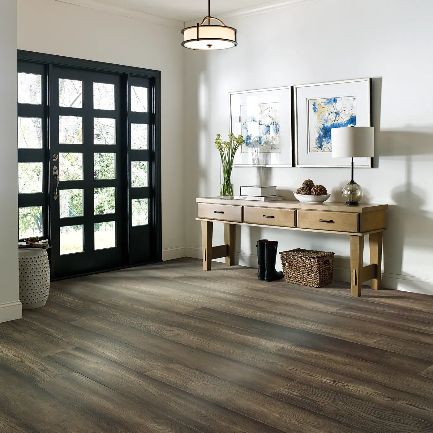 Magnificent-FH821-07057-DakotaHickory-7.5in-8U555-RM Dark brown hardwood in an entryway with a black front door | McCool's Flooring