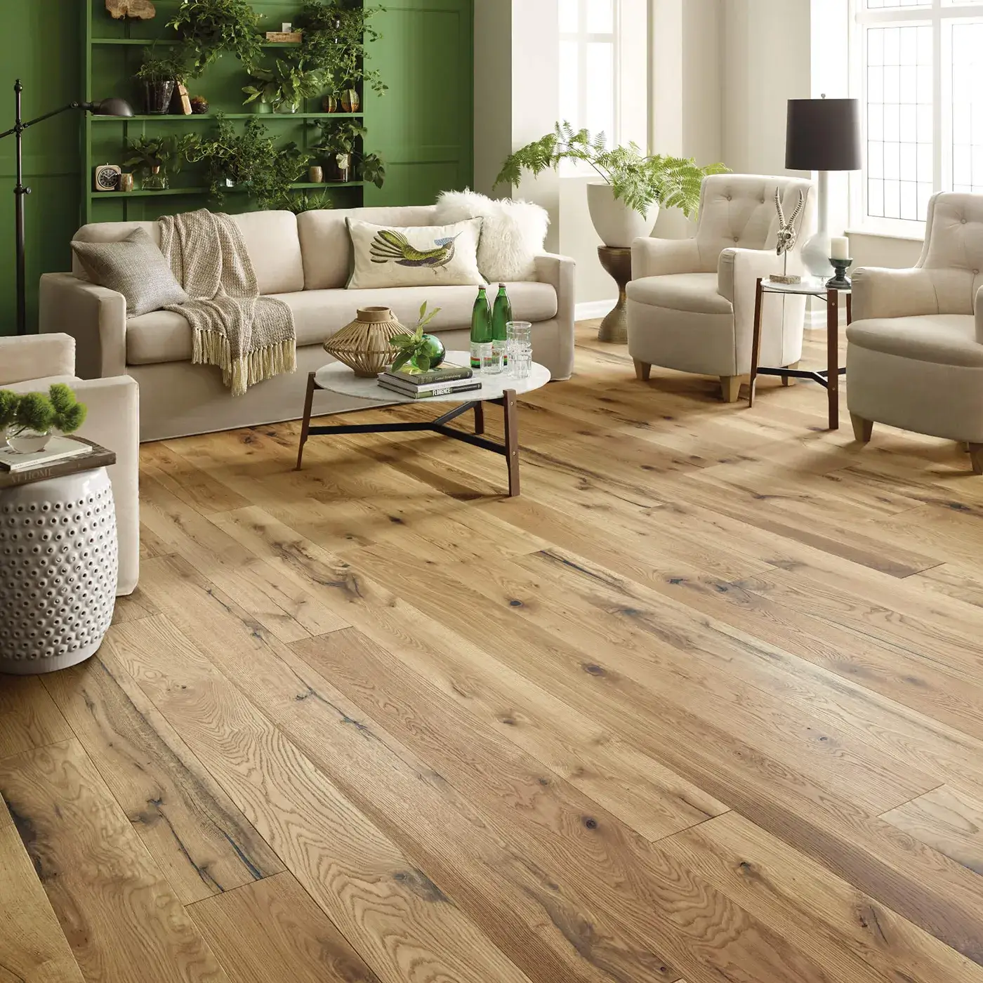 ReflectionsWhiteOak-SW661-01079-Natural-7in-2W765-RM Gray-brown hardwood in a dining room with a dark wood table | McCool's Flooring