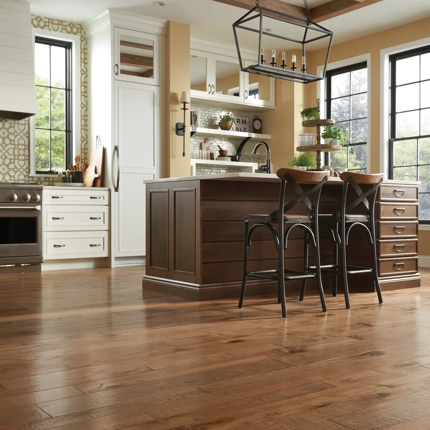 YukonMaple-SW549-01001-GoldDust-MixWidth Medium brown hardwood flooring in a kitchen | McCool's Flooring