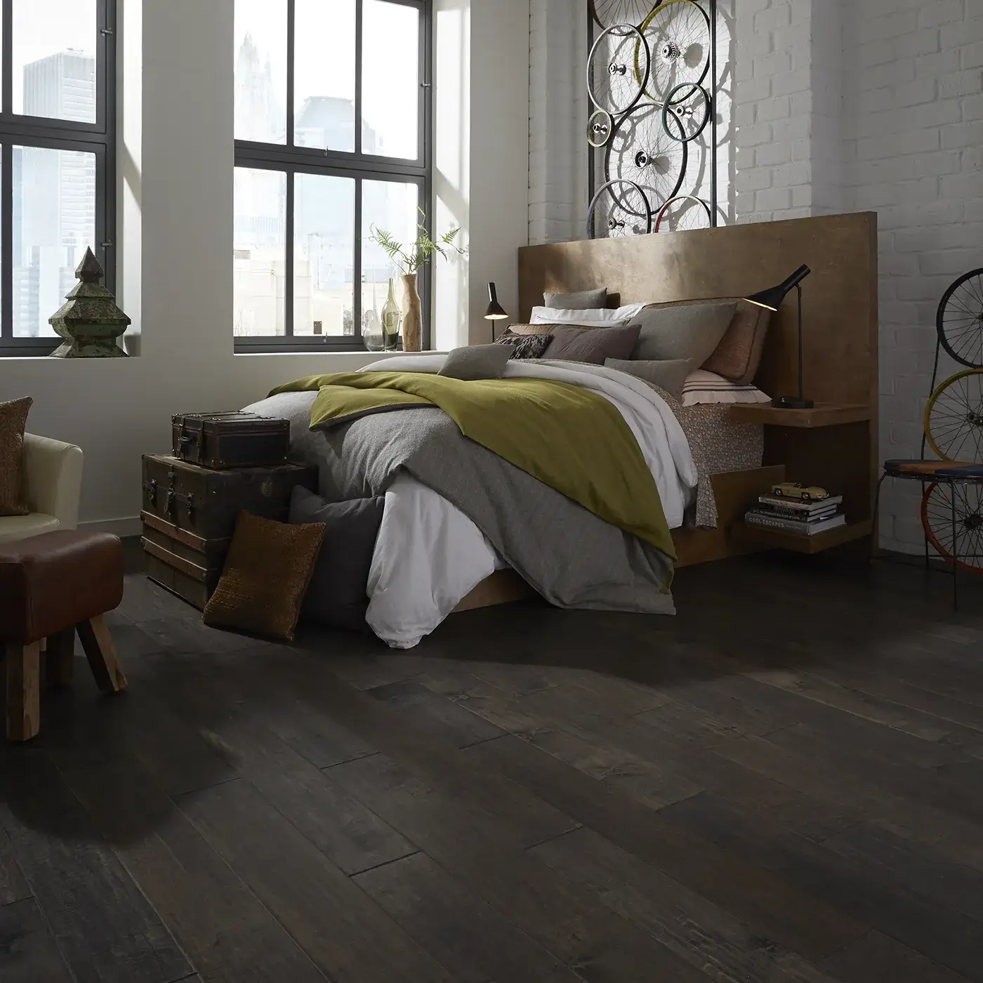 YukonMapleII-SW548-05002-Timberwolf-BedRm Dark hardwood in a modern bedroom with a large bed | McCool's Flooring